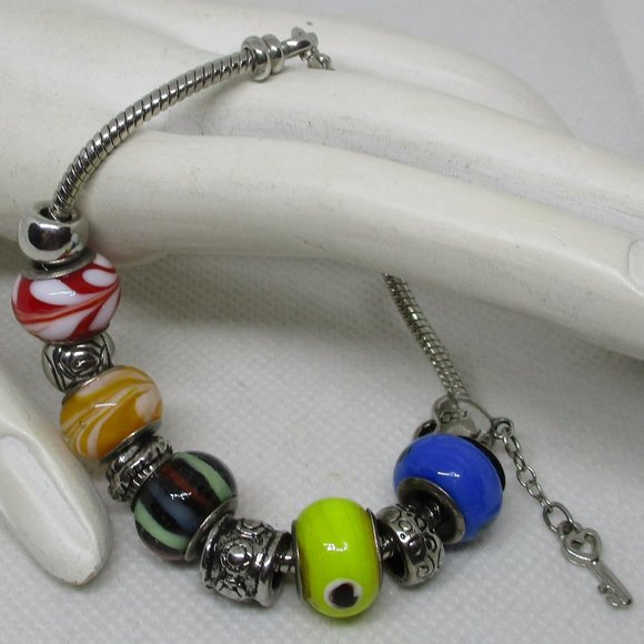 PANDORA STYLE LAMPWARK Glass Charm Beads Silver Tone Metal Heart And Key Charm - Picture 6 of 11